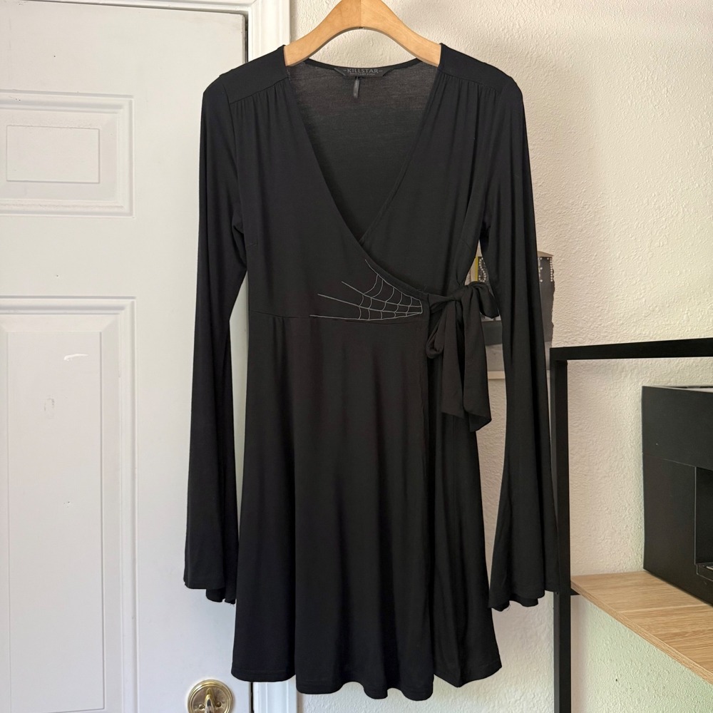 KILLSTAR black goth web spider embroidered wrap style bell sleeve mini dress